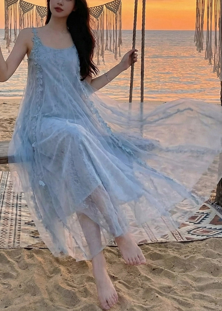 Tulle Spaghetti Strap Square Neck 3D Floral A-Line Maxi Dress