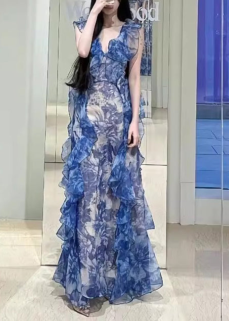 Modern Blue Ruffled Print Chiffon Long Dresses Summer 2