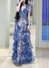 Modern Blue Ruffled Print Chiffon Long Dresses Summer 2