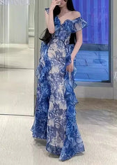 Modern Blue Ruffled Print Chiffon Long Dresses Summer 3