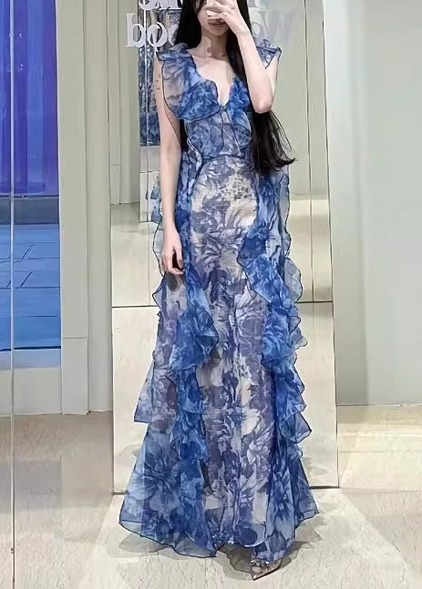 Modern Blue Ruffled Print Chiffon Long Dresses Summer 5