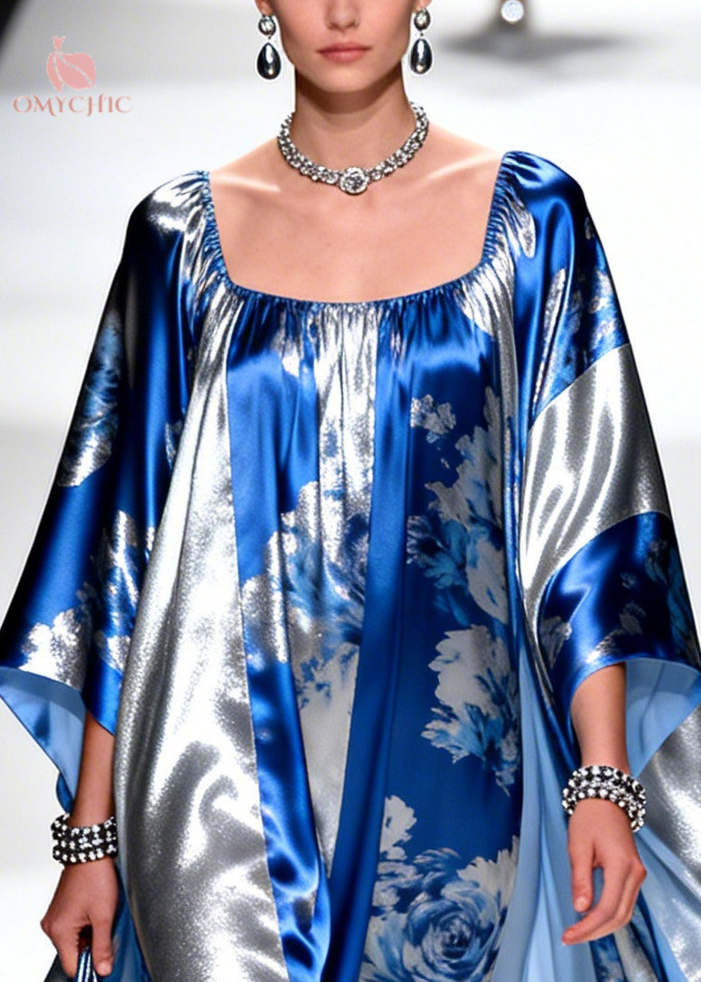 Rose Floral Print Metallic Panel Square Neck Kaftan Maxi Gown