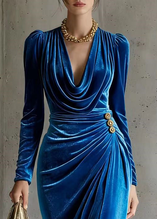Velvet Cowl Neck Long Sleeve Ruched Button Wrap High Split Maxi Gown
