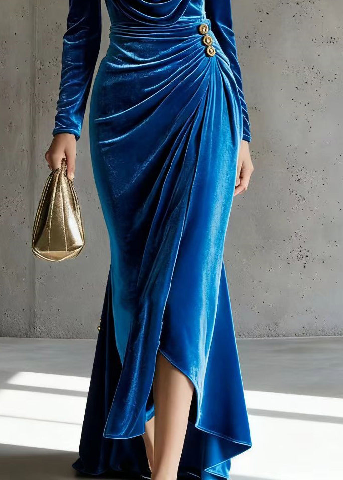 Velvet Cowl Neck Long Sleeve Ruched Button Wrap High Split Maxi Gown