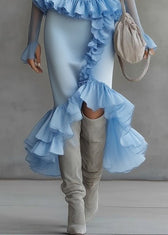 Modern Blue Turtleneck Ruffled Tulle Patchwork Long Dress Flare Sleeve 4