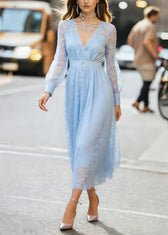 Modern Blue V Neck High Waist Lace Maxi Dress Lantern Sleeve 3