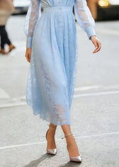 Modern Blue V Neck High Waist Lace Maxi Dress Lantern Sleeve 4