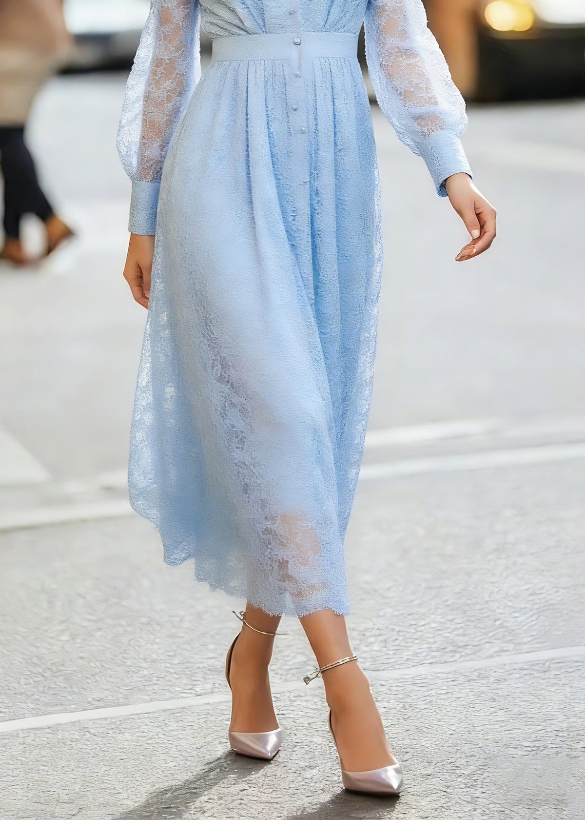 Lace V-Neck Sheer Lantern Sleeve Button Front High Waist Midi Dress 4