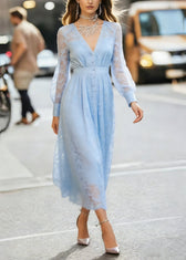 Modern Blue V Neck High Waist Lace Maxi Dress Lantern Sleeve 5