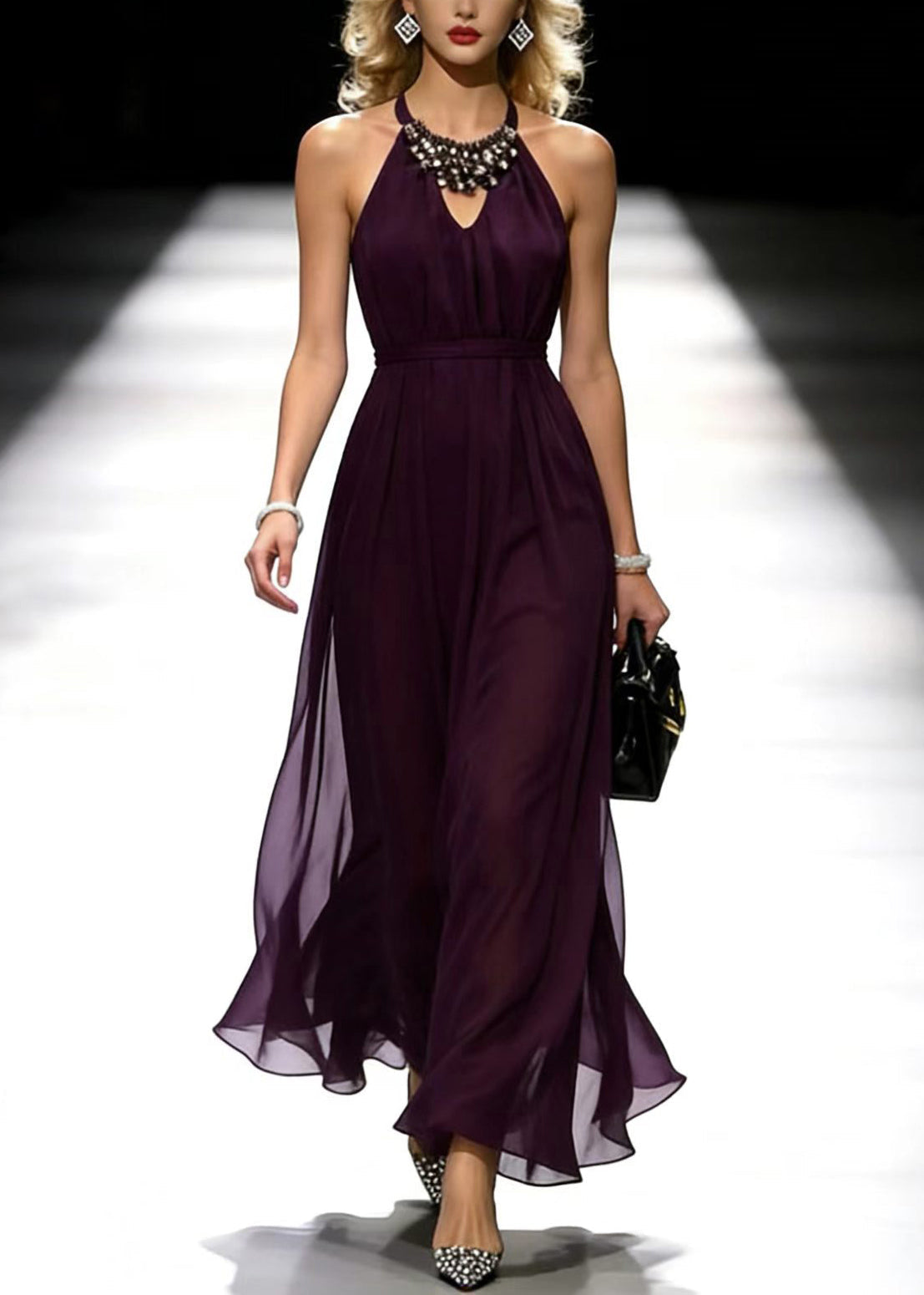 Halter Neck Cold Shoulder Rhinestone Collar Belted Chiffon Maxi Gown
