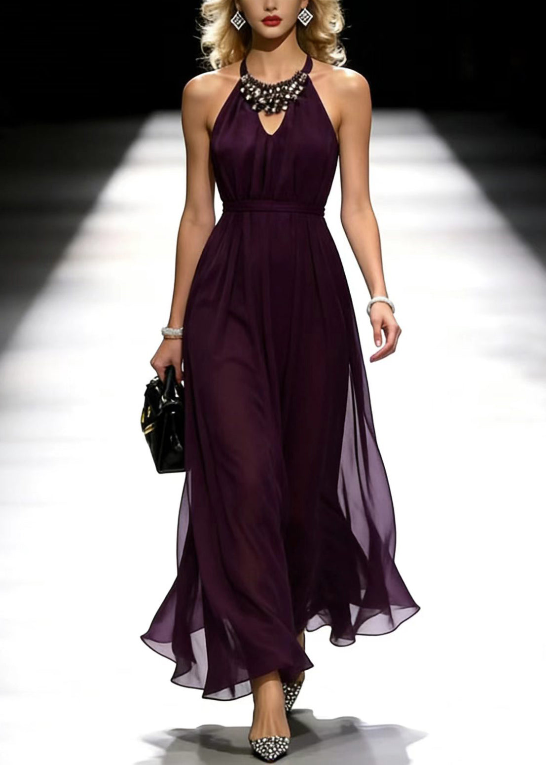 Halter Neck Cold Shoulder Rhinestone Collar Belted Chiffon Maxi Gown