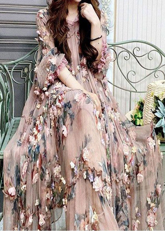 Floral Applique Tulle Ruffle Trim Flowy Long Sleeve Maxi Dress