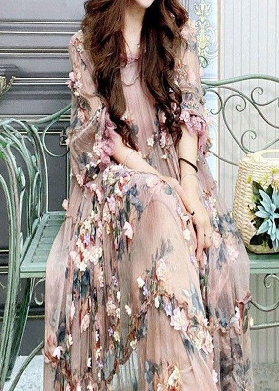 Modern Embroidered Floral Ruffled Tulle Long Dress Lantern Sleeve 3