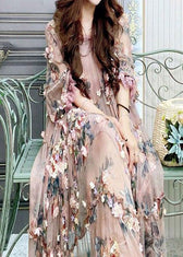 Modern Embroidered Floral Ruffled Tulle Long Dress Lantern Sleeve 3