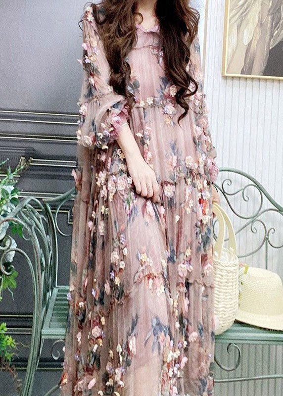 Modern Embroidered Floral Ruffled Tulle Long Dress Lantern Sleeve 4
