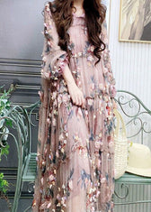 Modern Embroidered Floral Ruffled Tulle Long Dress Lantern Sleeve 4