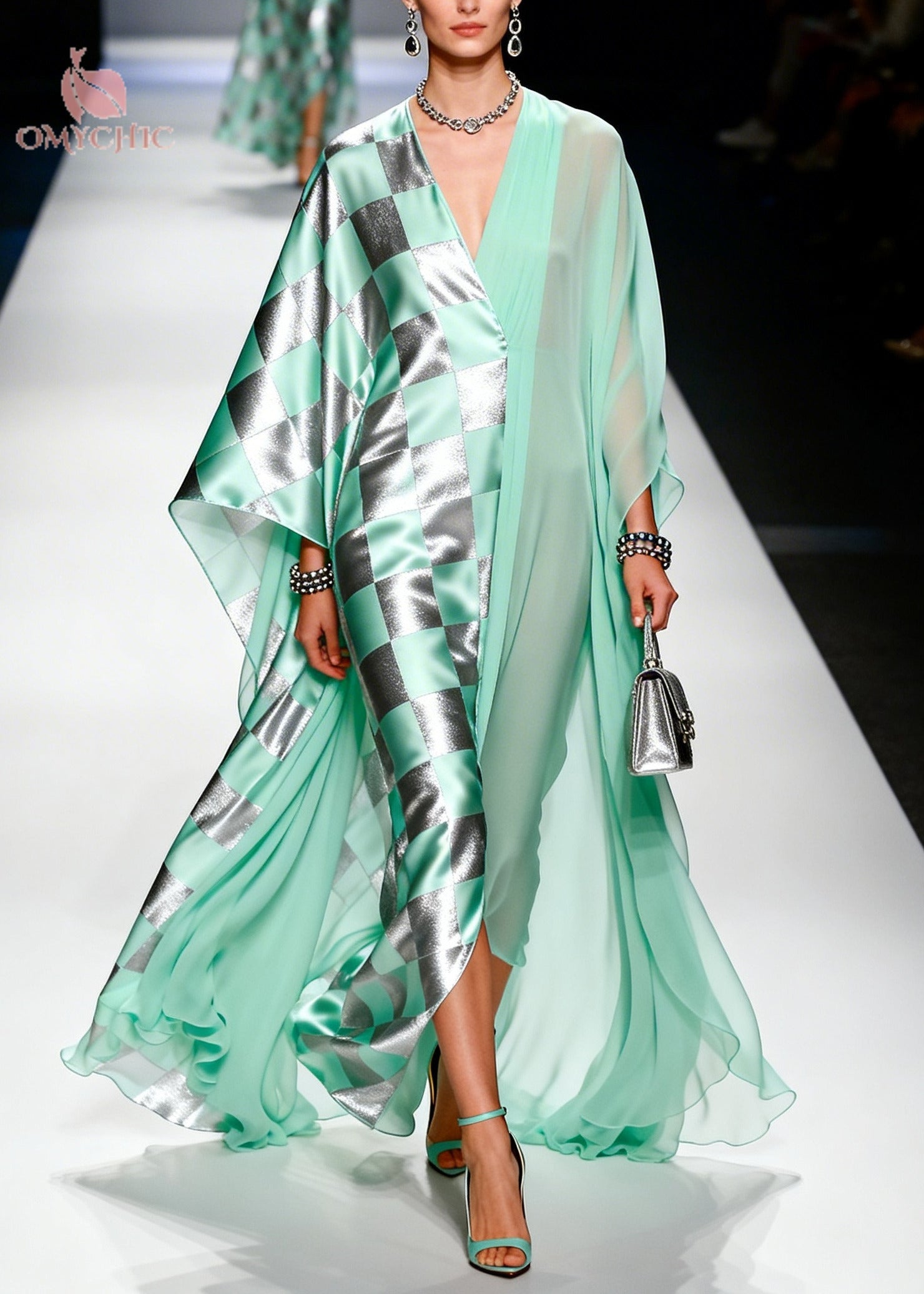 Check Print Patchwork Deep V-Neck Batwing Sleeve Chiffon Kaftan Maxi Gown