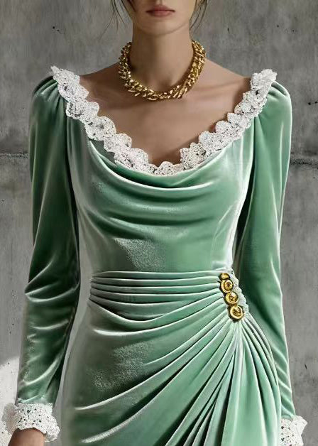 Velvet Scoop Neck Long Sleeve Lace Trim Ruched Wrap Asymmetric Midi Dress