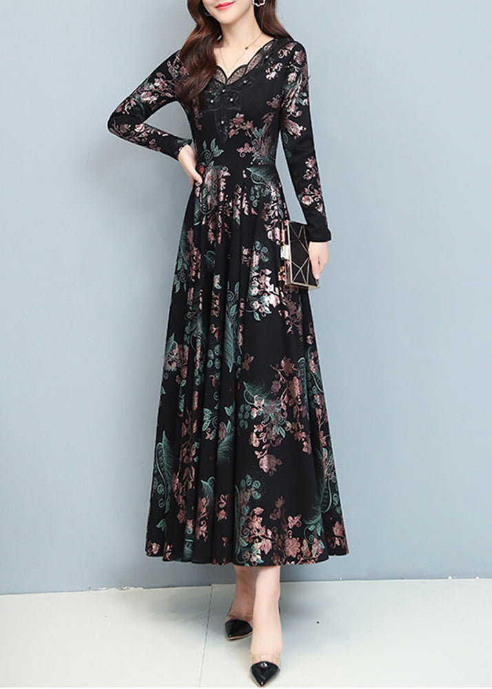 Floral Print V-Neck Lace Trim Button Detail Three-Quarter Sleeve A-Line Maxi Dress