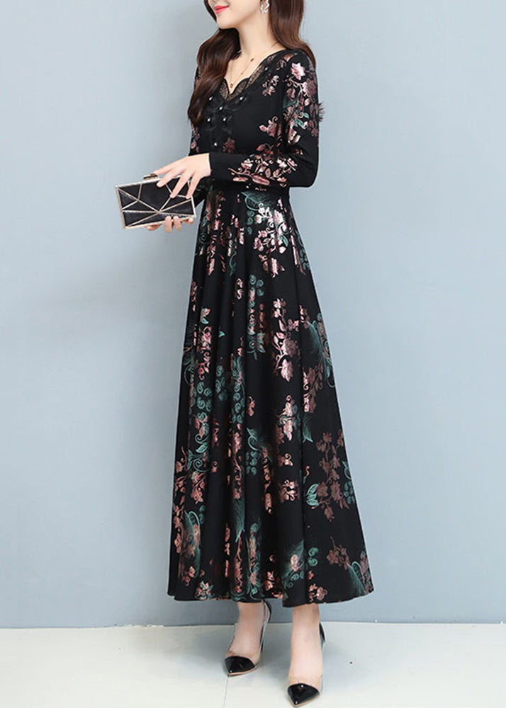 Floral Print V-Neck Lace Trim Button Detail Three-Quarter Sleeve A-Line Maxi Dress