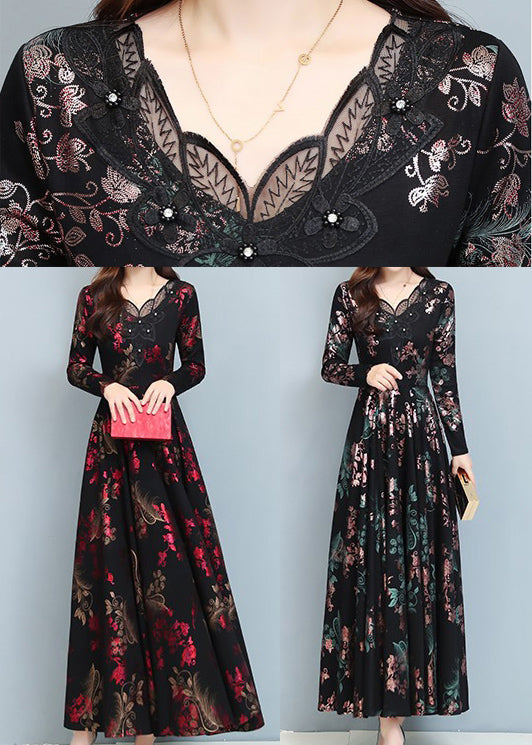 Floral Print V-Neck Lace Trim Button Detail Three-Quarter Sleeve A-Line Maxi Dress