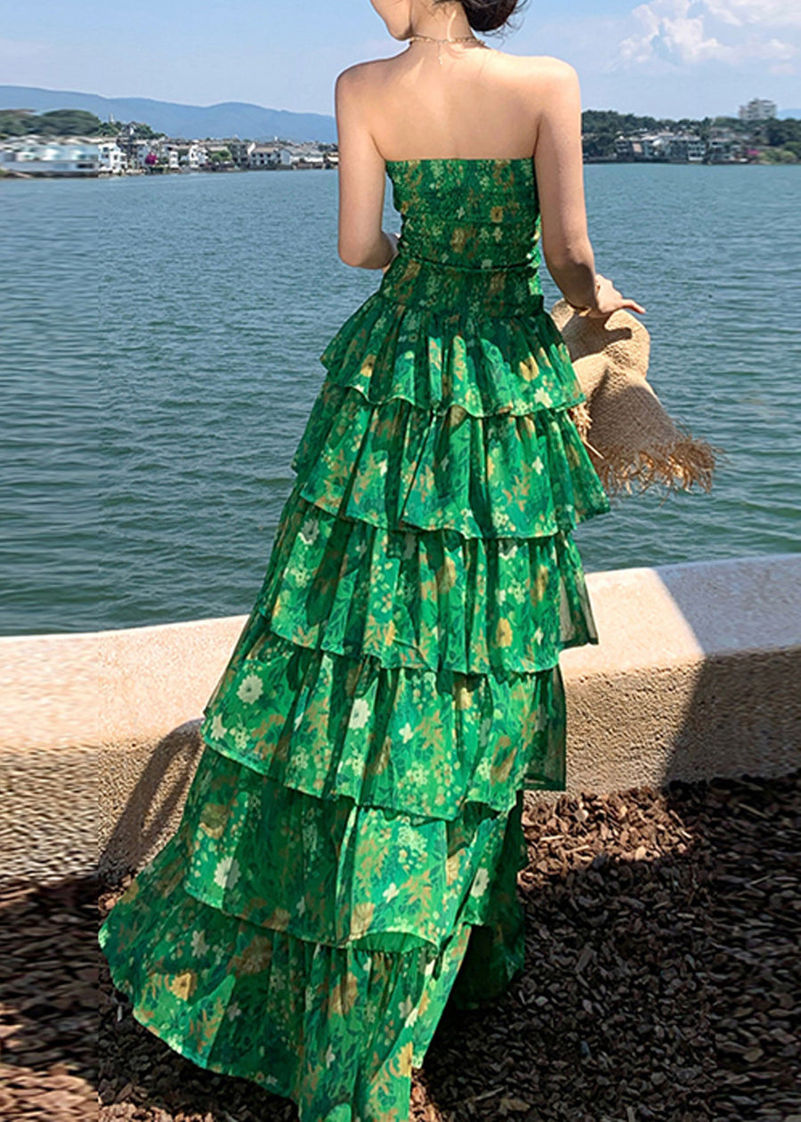 Strapless Floral Tiered Ruffle Chiffon Maxi Dress