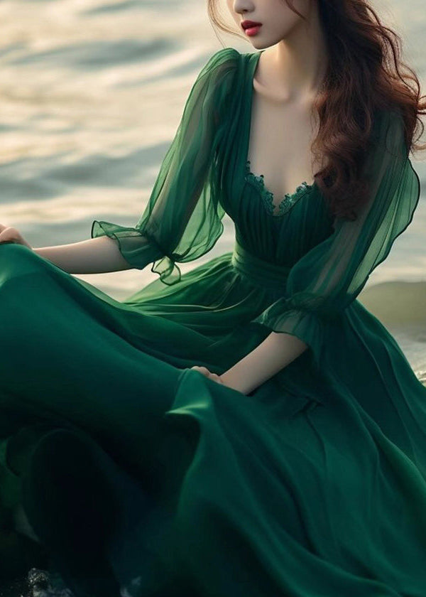 Modern Green V Neck Exra Large Hem Chiffon Maxi Dress Spring - View 2