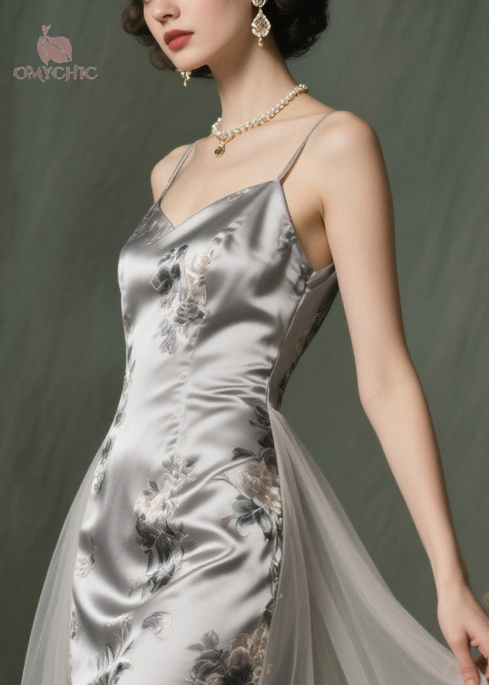 Satin Floral Print Spaghetti Strap Tulle Overlay Tiered Midi Dress