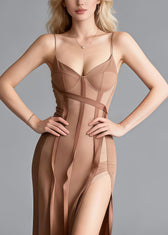 Modern Khaki Bustier Top Side Open Chiffon Cami Dresses Summer 2