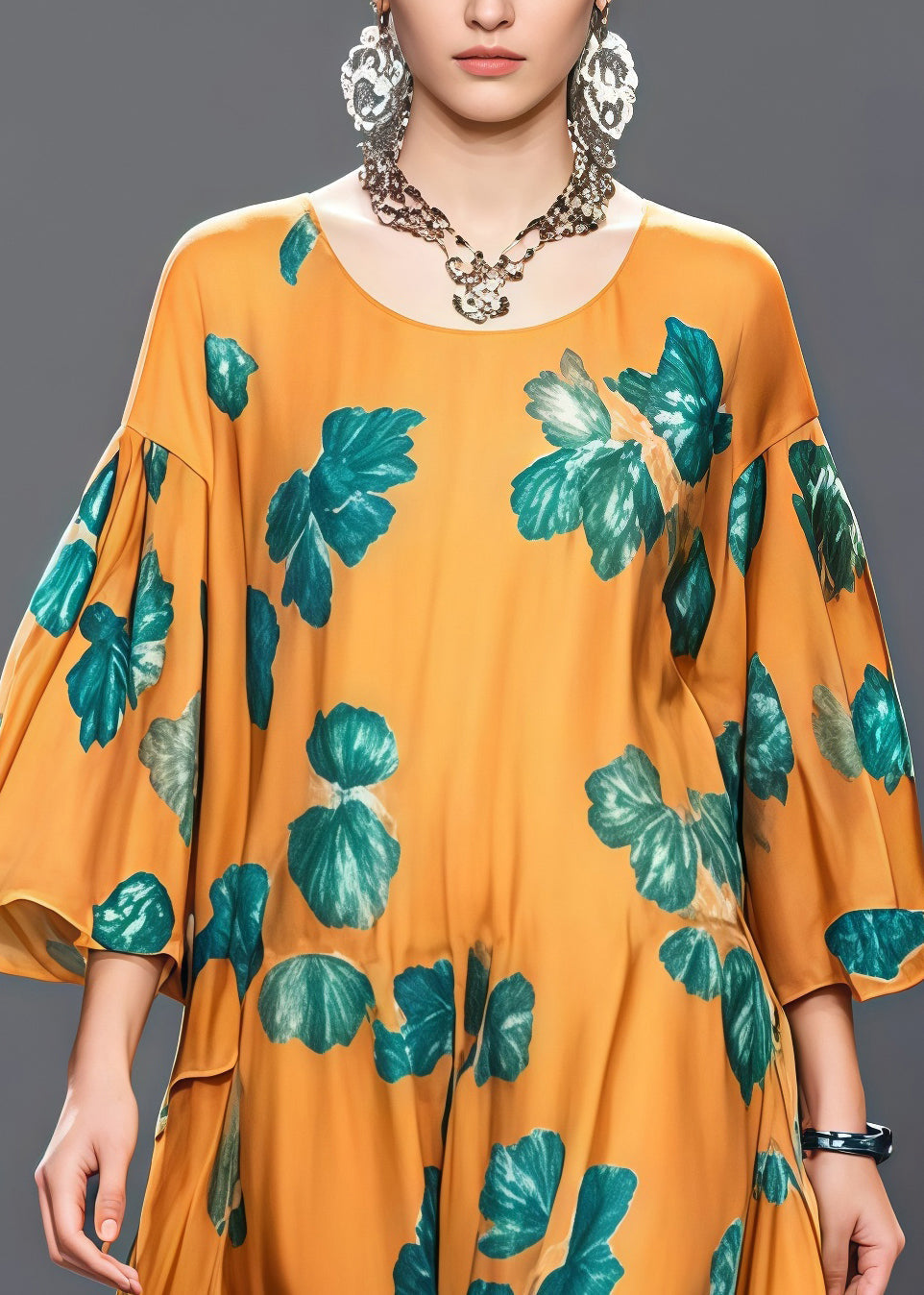 Leaf Print Round Neck Flare Sleeve Loose Chiffon Maxi Dress 2