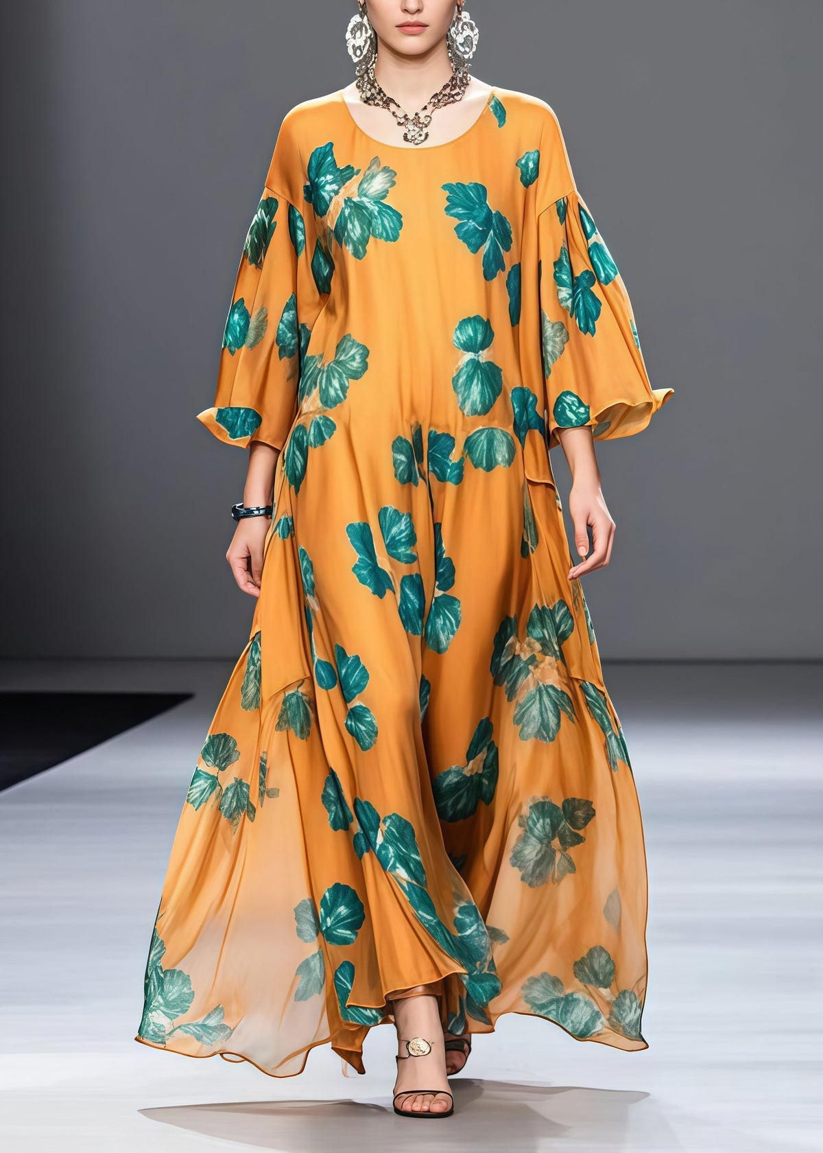 Leaf Print Round Neck Flare Sleeve Loose Chiffon Maxi Dress 3