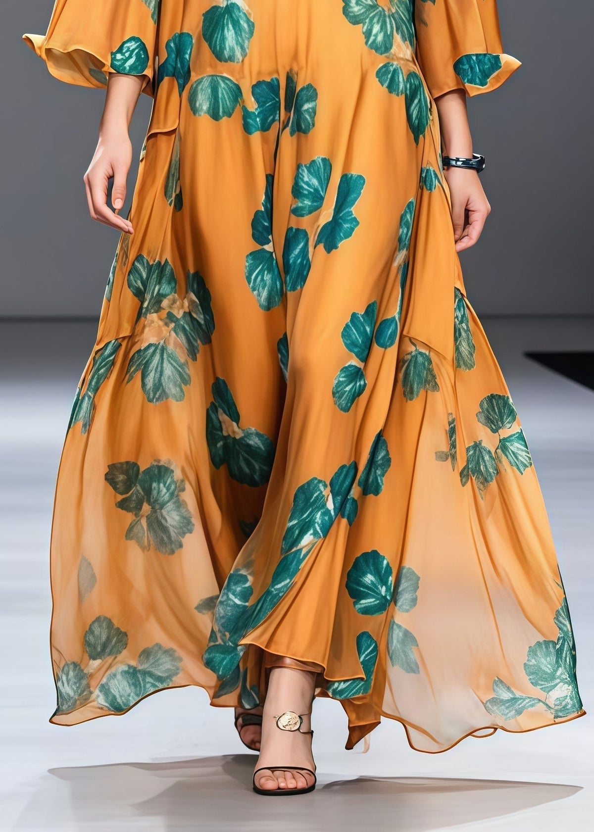 Leaf Print Round Neck Flare Sleeve Loose Chiffon Maxi Dress 4