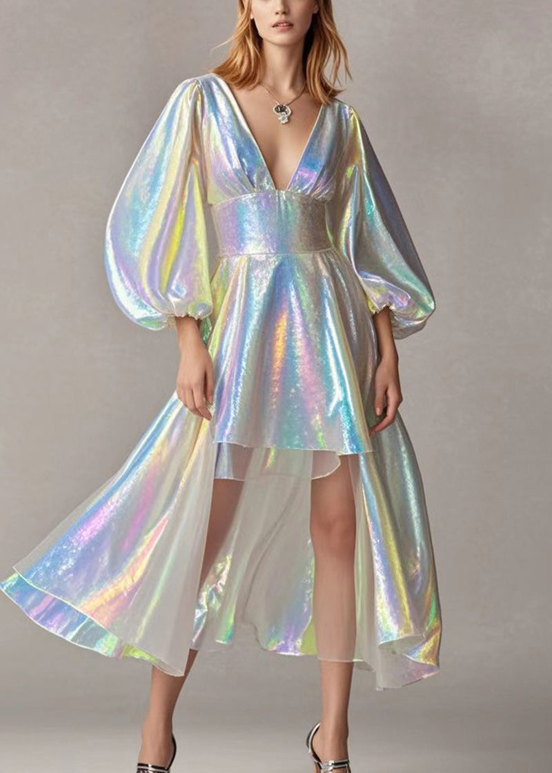 Deep V-Neck Puff Sleeve Corset Waist High Low Iridescent Mini Dress