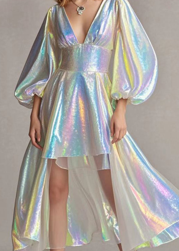 Deep V-Neck Puff Sleeve Corset Waist High Low Iridescent Mini Dress
