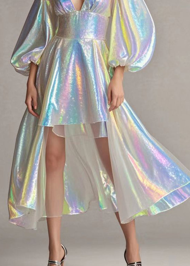 Deep V-Neck Puff Sleeve Corset Waist High Low Iridescent Mini Dress