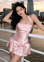 Modern Pink Backless Silk Mini Dress Summer