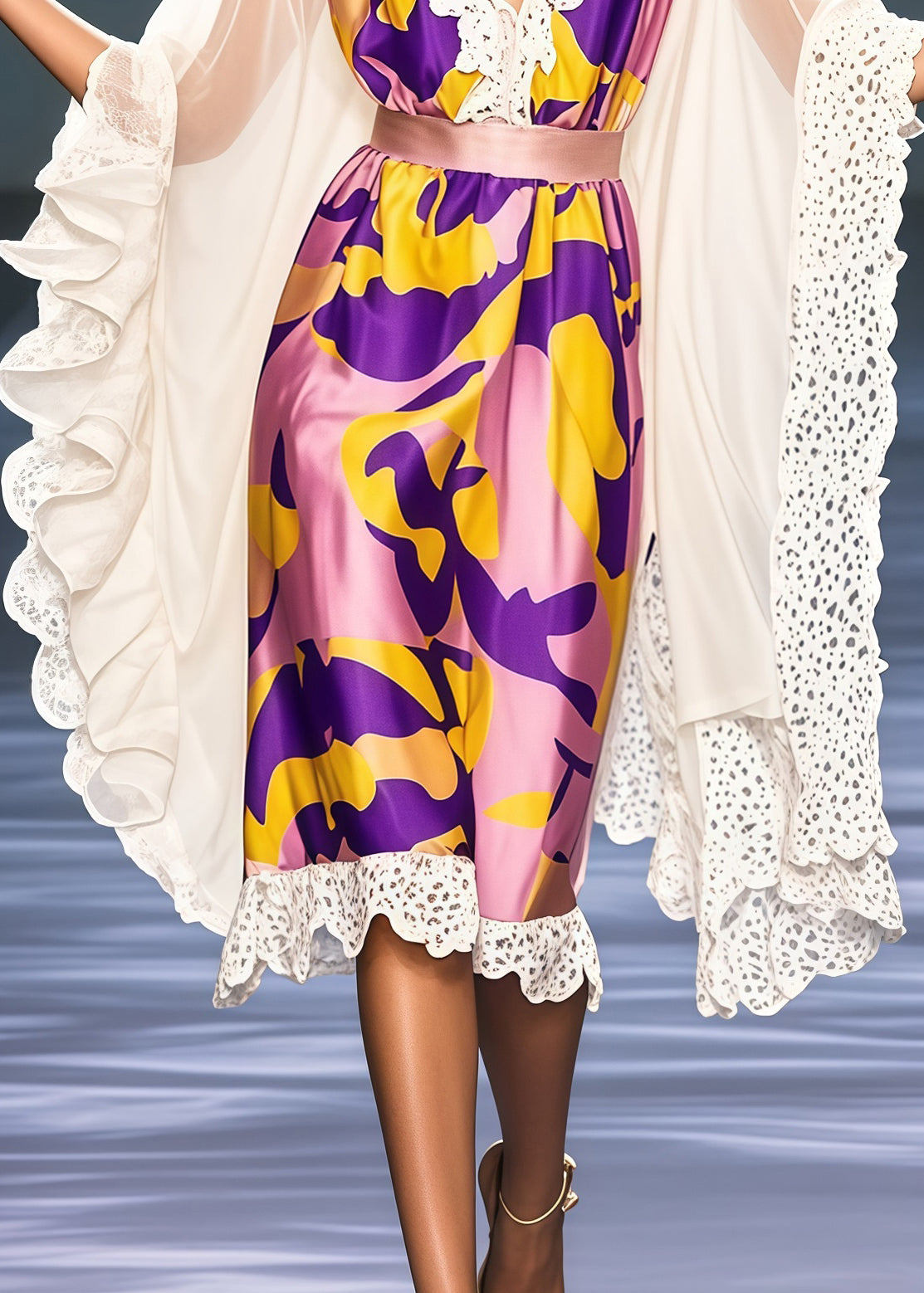 Deep V-Neck Lace Trim Satin Ruffle Cape Sleeve Knee Length Party Dress