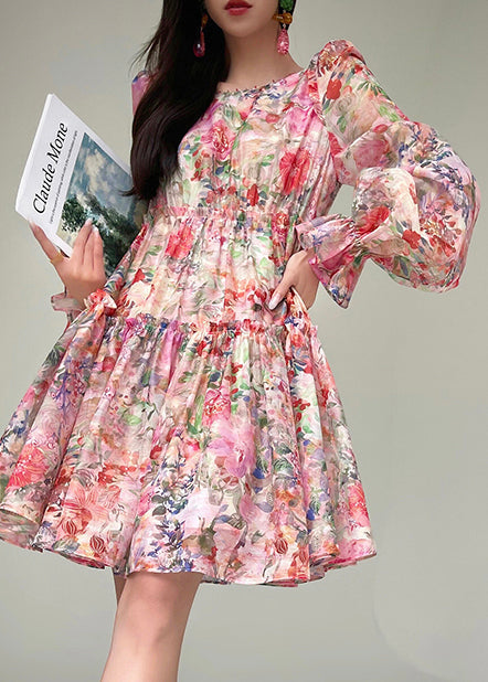 Floral Print Organza Square Neck Bishop Sleeve Tiered Empire Waist Mini Dress