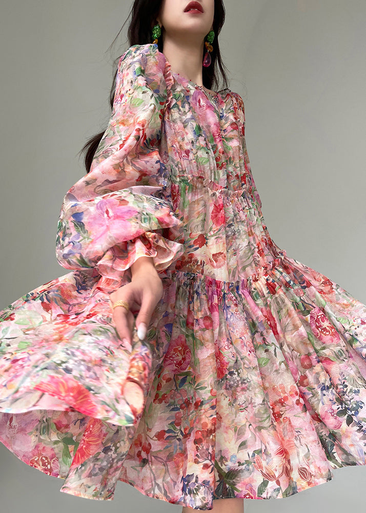 Floral Print Organza Square Neck Bishop Sleeve Tiered Empire Waist Mini Dress