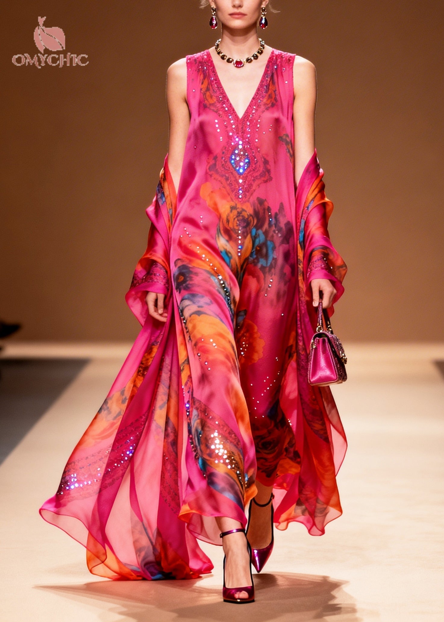 Rhinestone Floral Medallion Print Chiffon Wrap Two-Piece Set