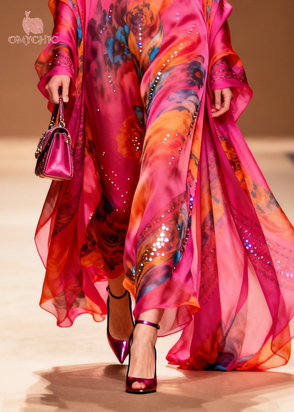 Rhinestone Floral Medallion Print Chiffon Wrap Two-Piece Set