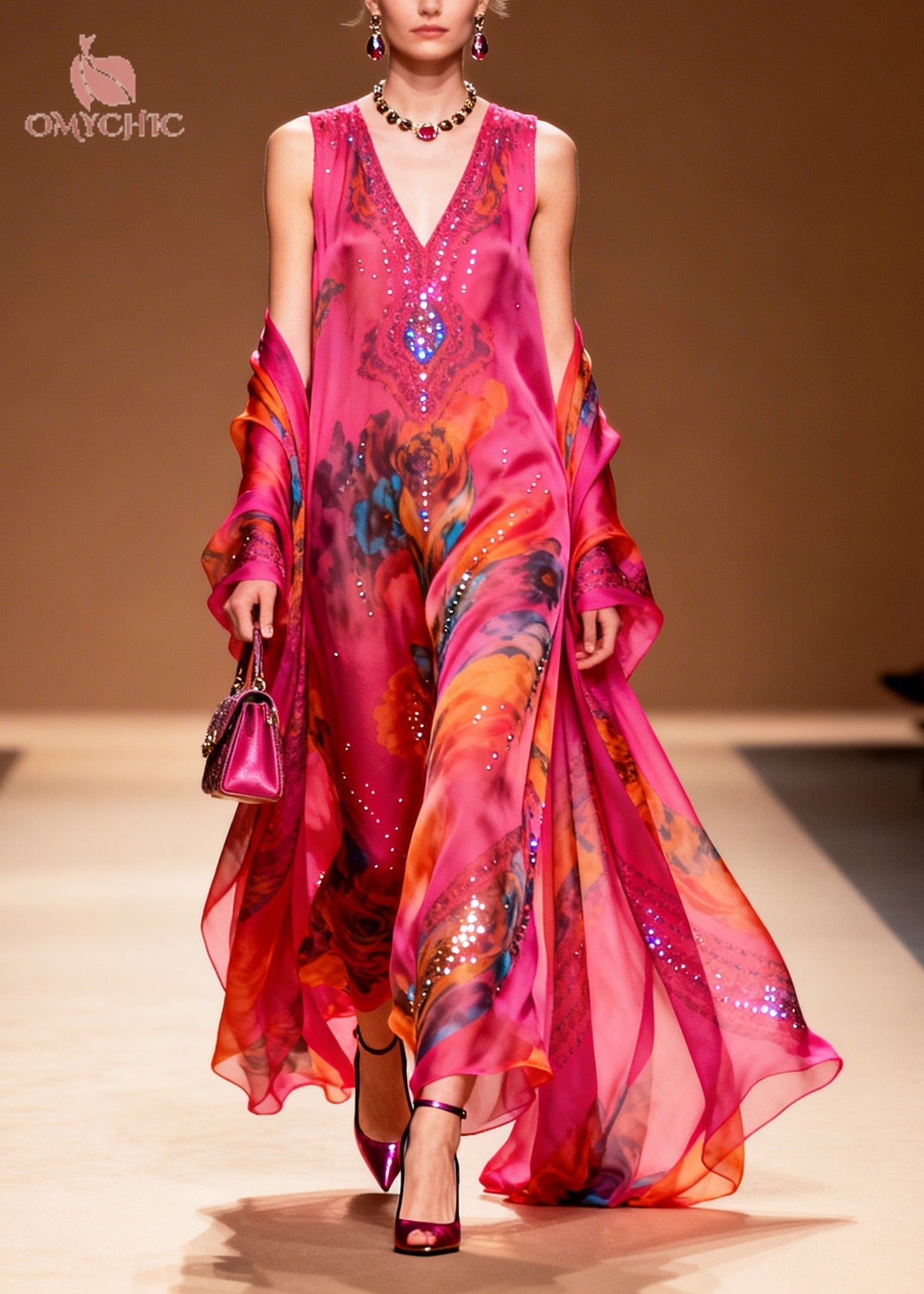 Rhinestone Floral Medallion Print Chiffon Wrap Two-Piece Set