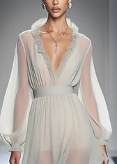 Modern Ruffled Patchwork Solid Chiffon Mid Dress Lantern Sleeve 2