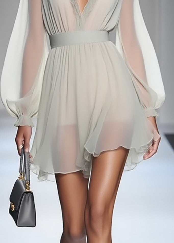 Modern Ruffled Patchwork Solid Chiffon Mid Dress Lantern Sleeve 4