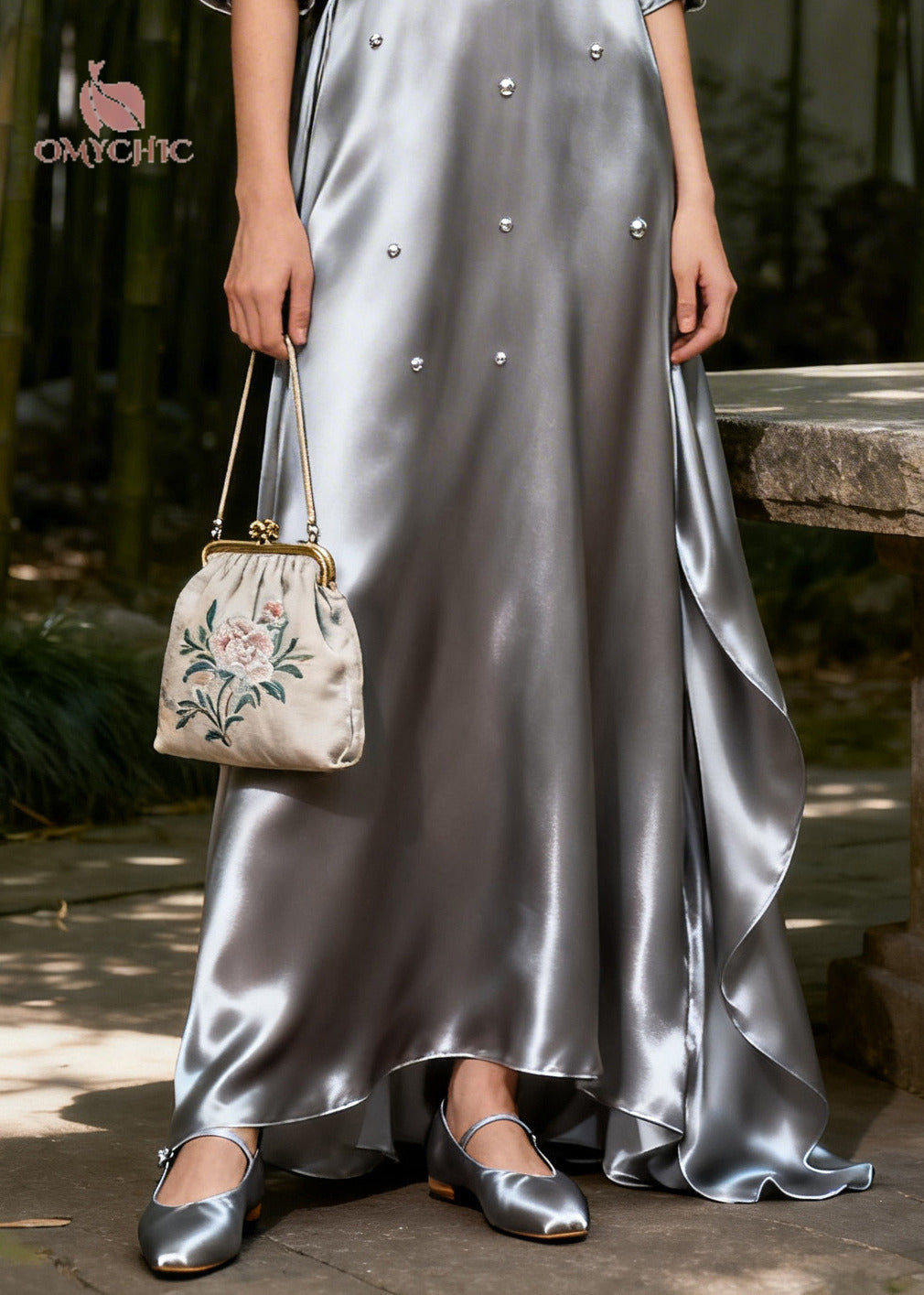 Modern Silvery Nail Bead Draping Silk Long Dress Summer