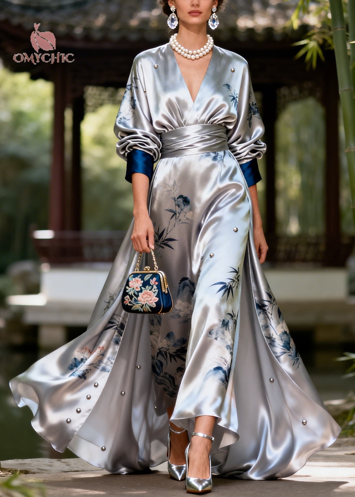 Modern Silvery Print Exra Large Hem Nail Bead Silk Party Dress Fall