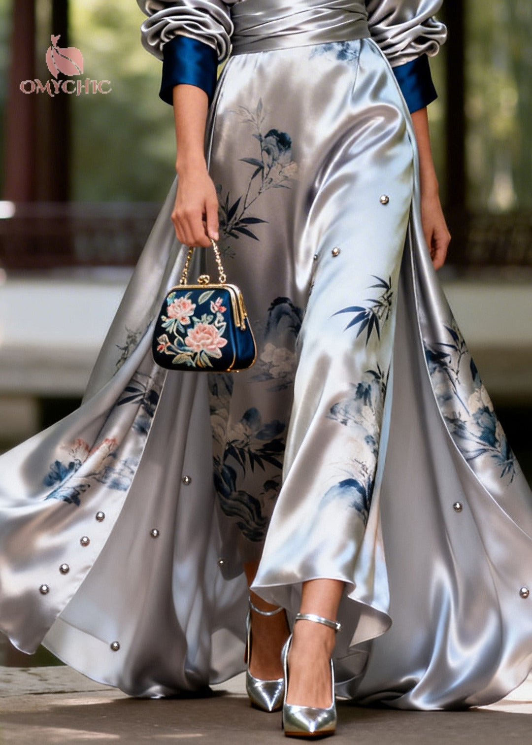Satin Floral Print Beaded Wrap Deep V-Neck Puff Sleeve High Split Maxi Gown