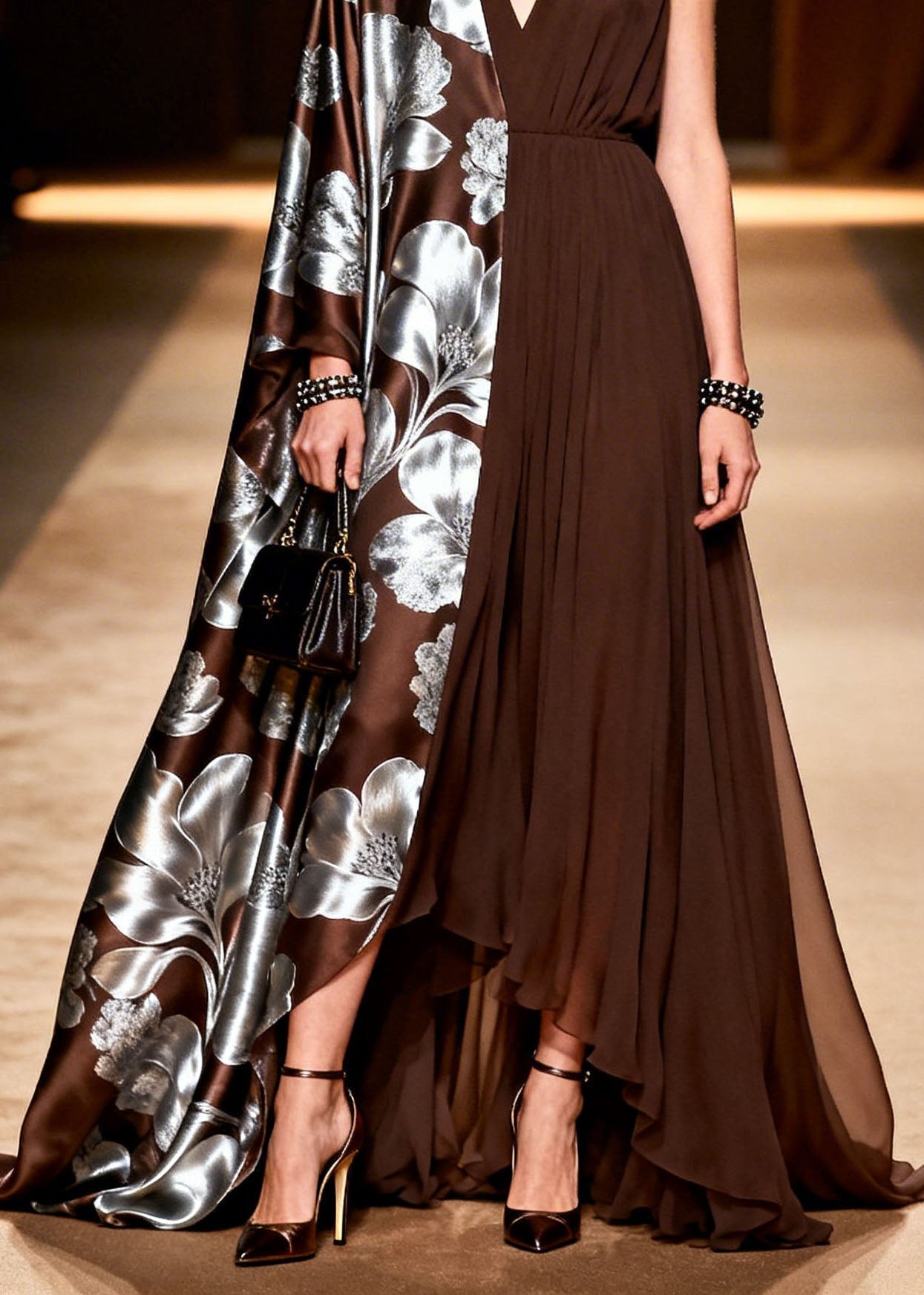Asymmetric Pleated Split Panel Deep V-Neck Metallic Floral Cape Sleeve Maxi Gown