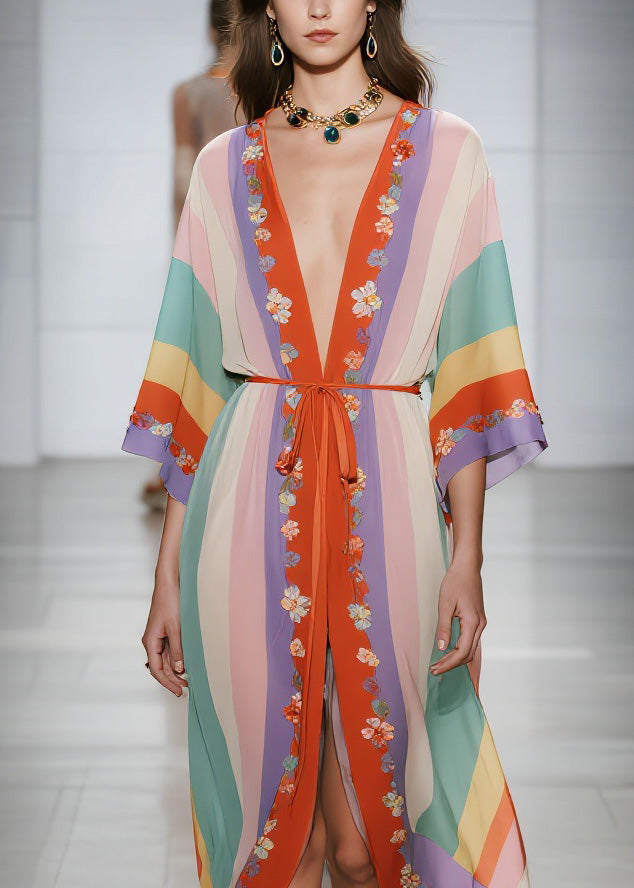 Chiffon Deep V-Neck Kimono Sleeve Floral Embroidered Trim Tie Belt Front Slit Maxi Dress