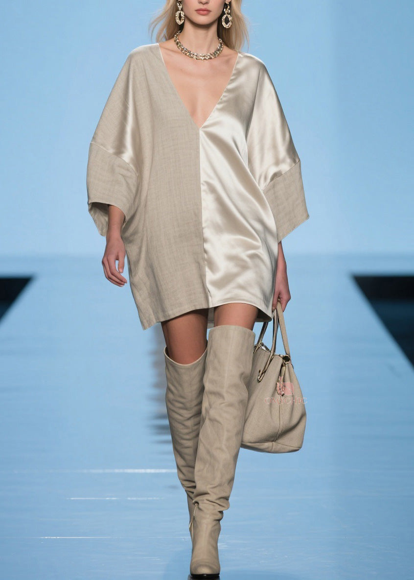 V-Neck Satin Woven Split Panel Oversized Shift Mini Dress